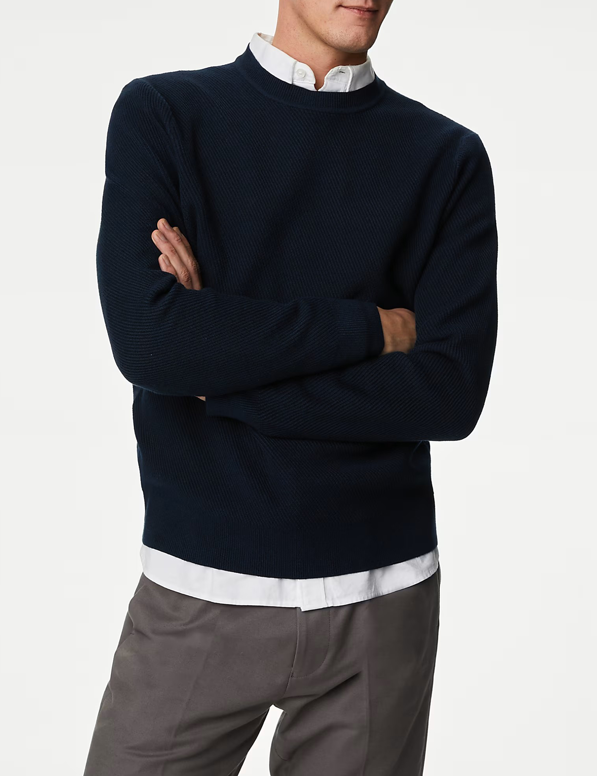 Men's Navy Textured Crew Neck Cotton Jumper