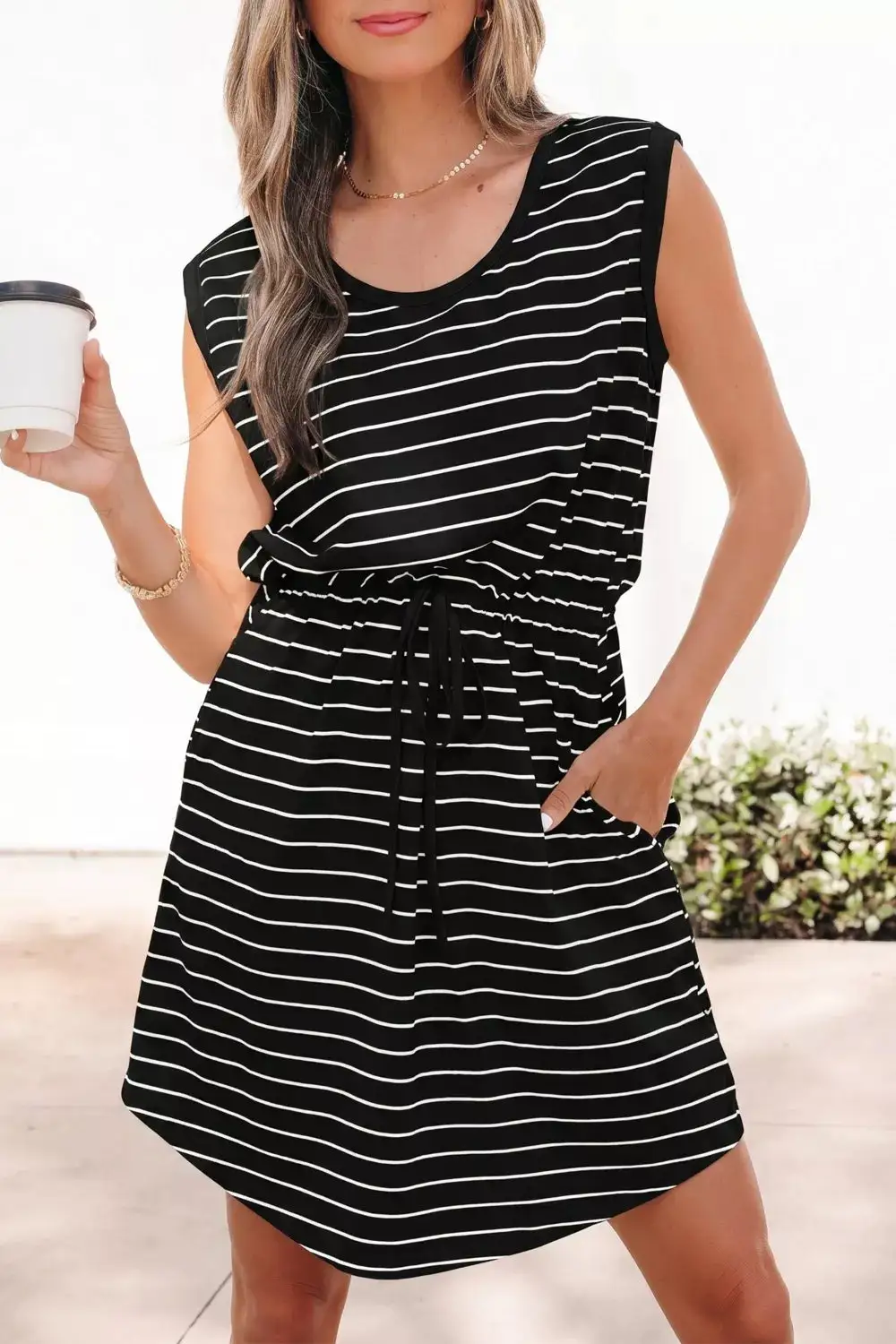 Striped Drawstring Cotton Mini Dress