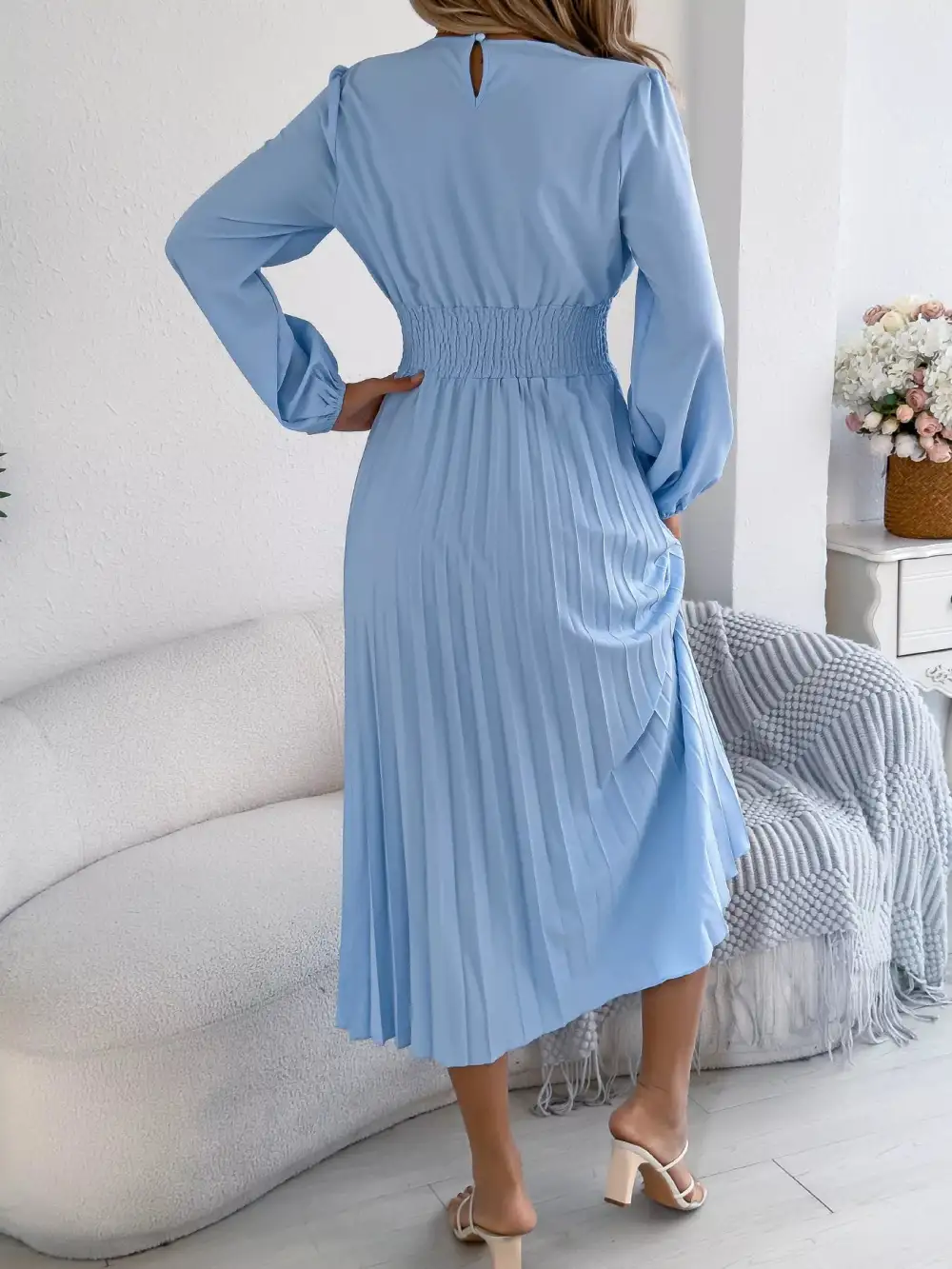 Pleated Smocked Long Sleeve Midi Dress