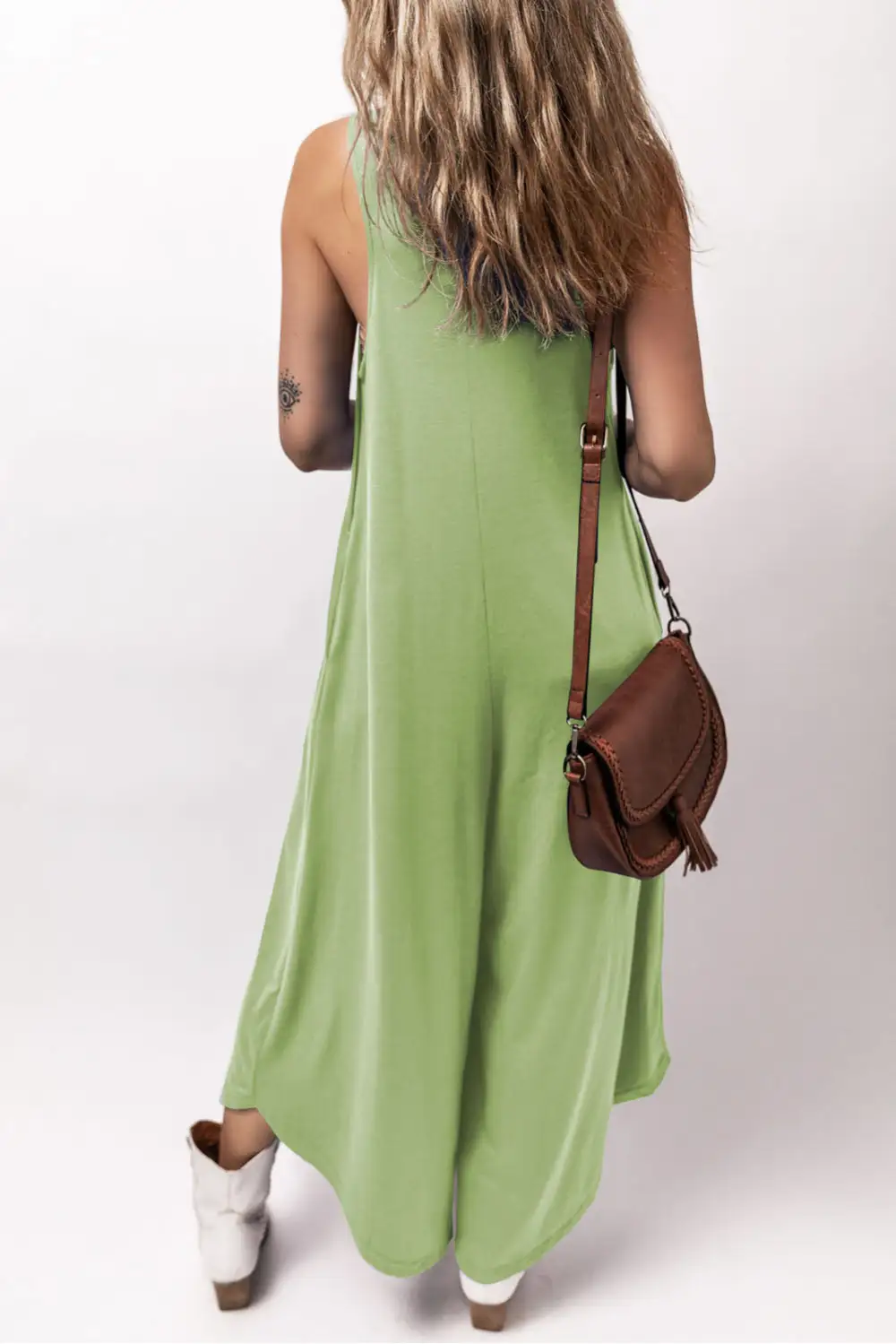 Grass Sleeveless V Neck Pocketed Wide Jumpsuit