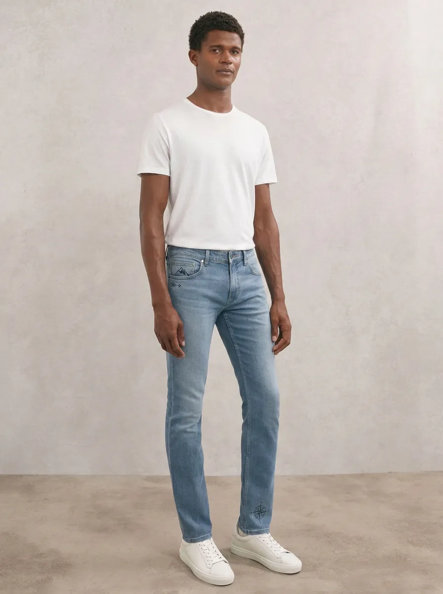 Men's Classic Comfort Mountain Compass Printed Stretch Denim Jeans