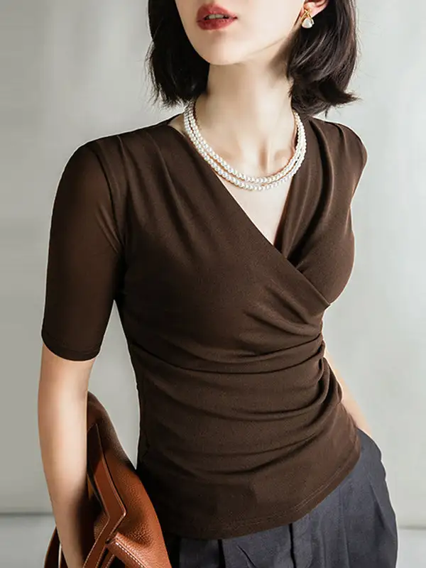 Half Sleeve Slim Fit Pleat Detail V-Neck T-Shirt