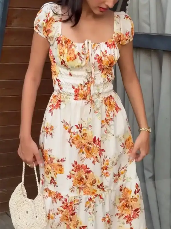 Floral Printed Short Sleeve Dress Casual