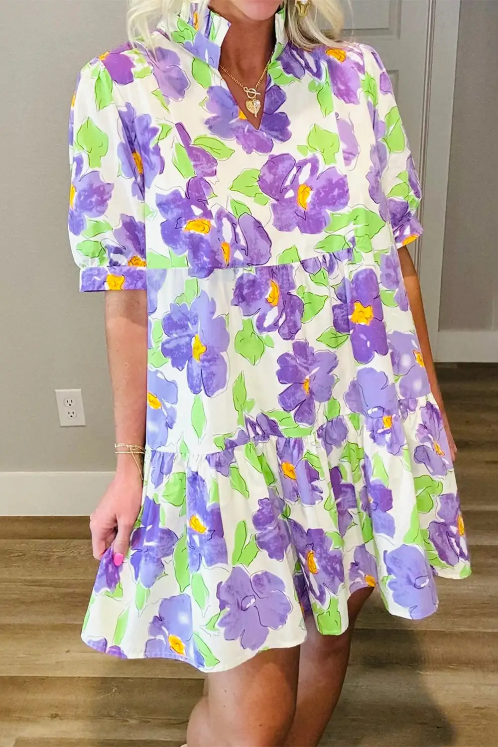 Floral Ruffle Trim Tiered Mini Dress