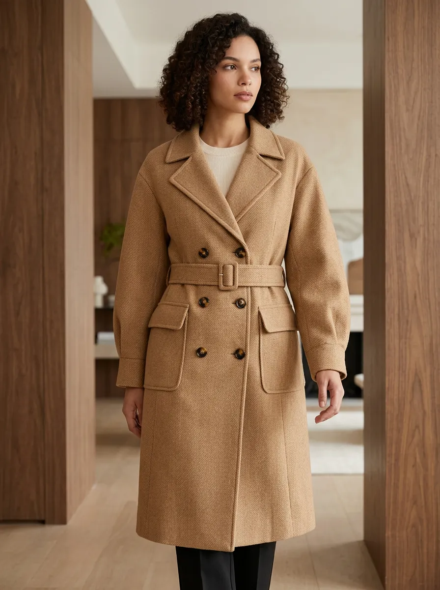 Women's Classic Herringbone Pattern Belted Double-Breasted Trench Coat