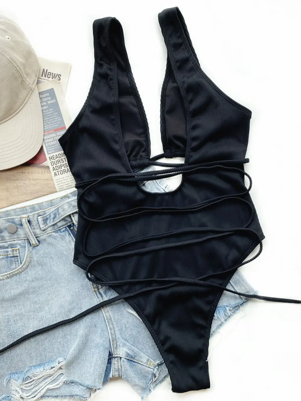 Ribbed Lace Up One Piece Swimsuit