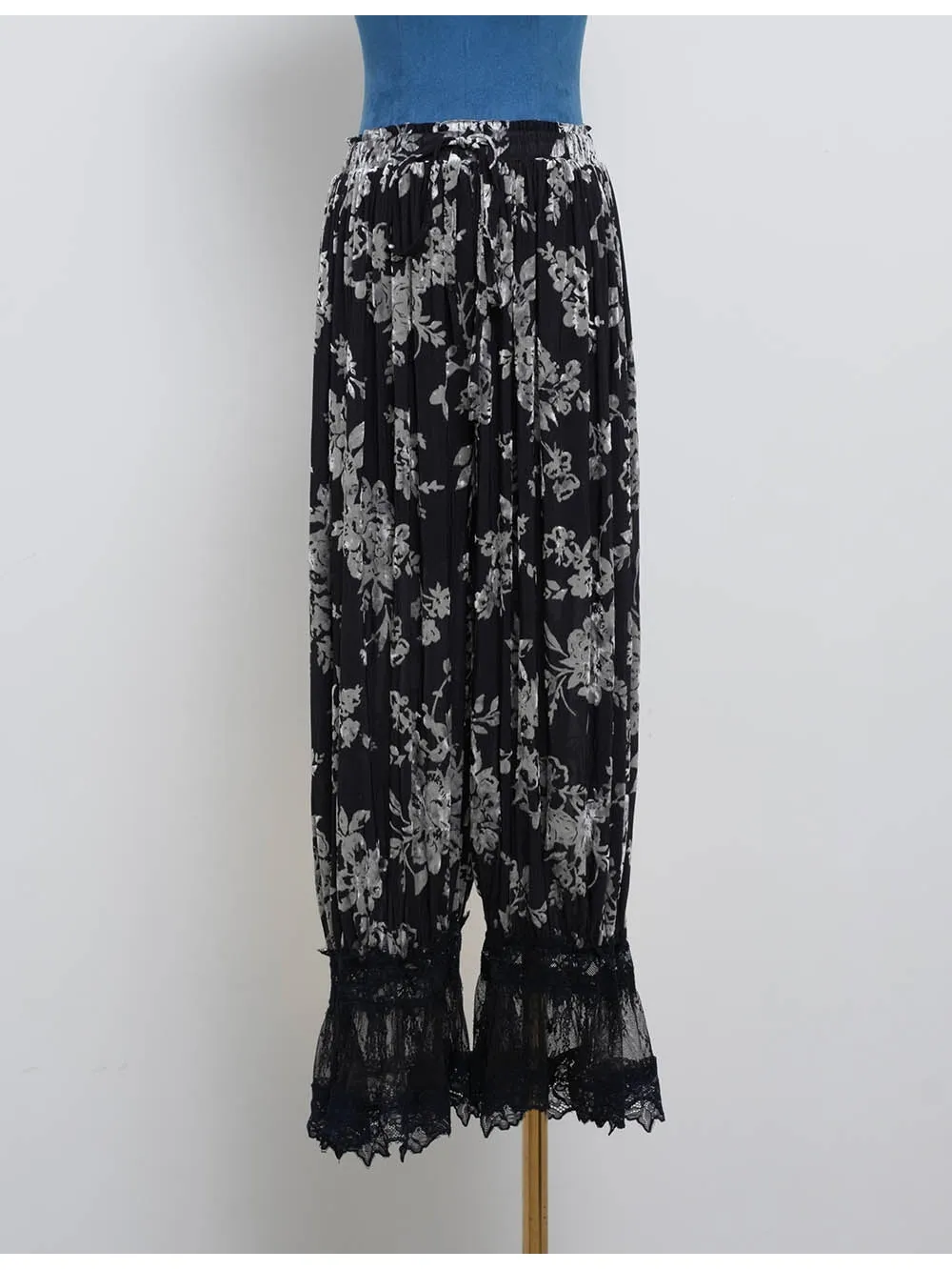 Lace Hem Flocked Elastic Waist Lantern Pants