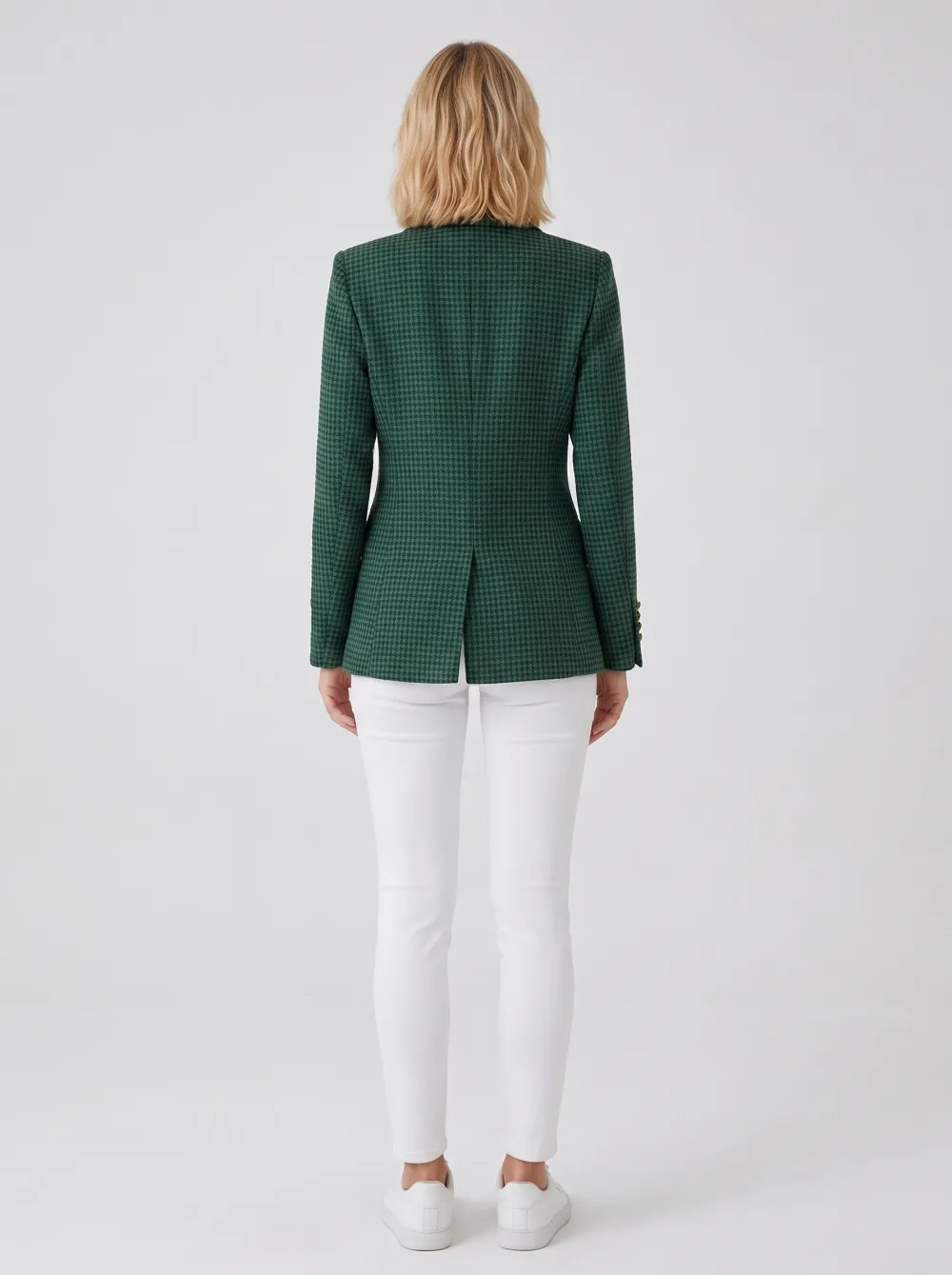 Women's Green Houndstooth Patterned Double-Breasted Blazer Jacket