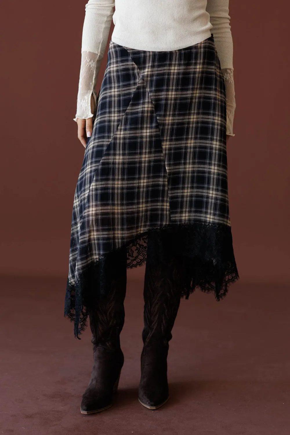 Lace Plaid Asymmetrical Skirt