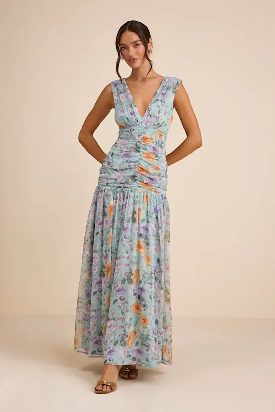 Melisandre Light Blue Floral Drop Waist Maxi Dress