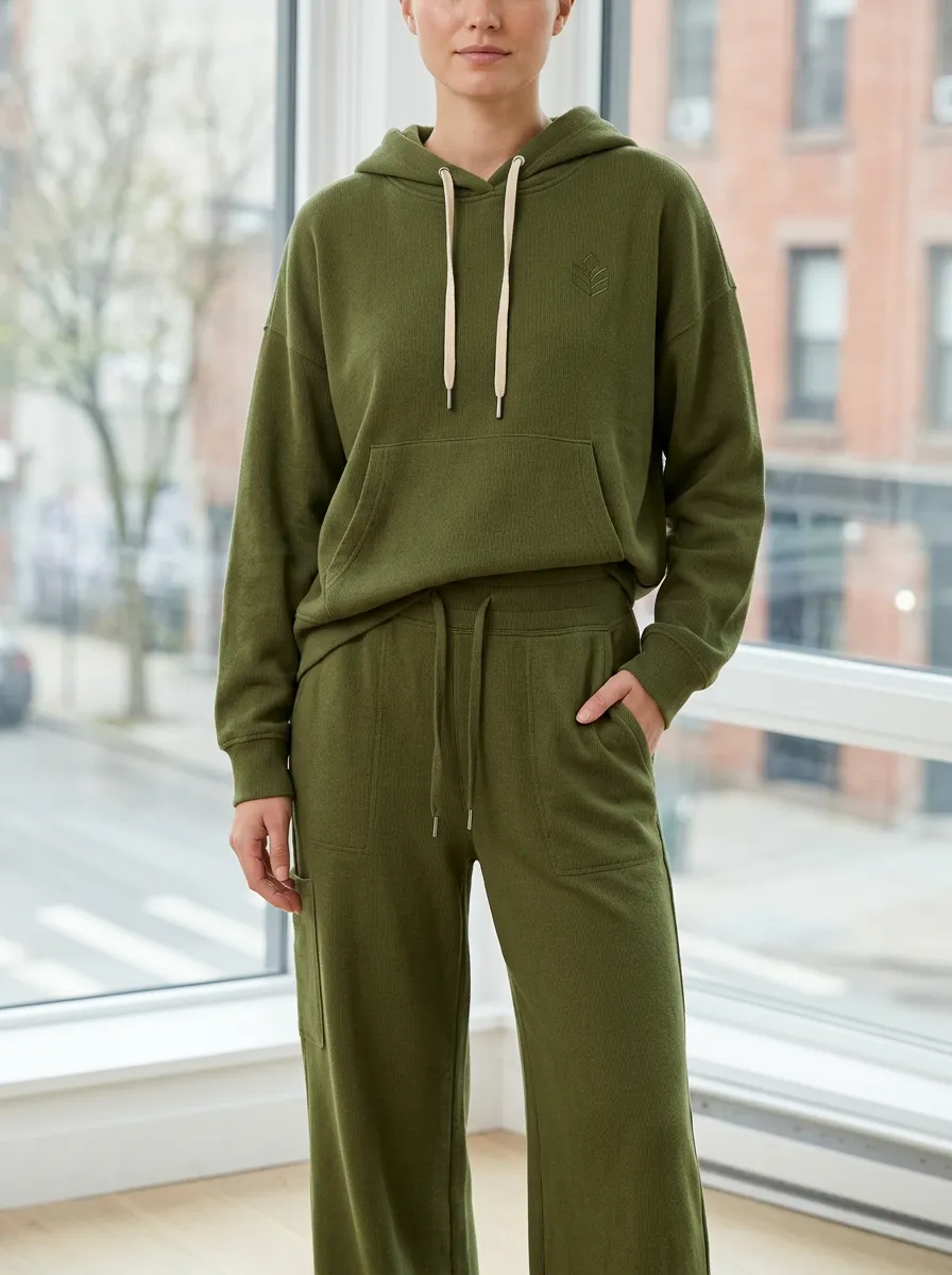 Women's Olive Green Minimalist Logo Embroidered Hooded Lounge Set