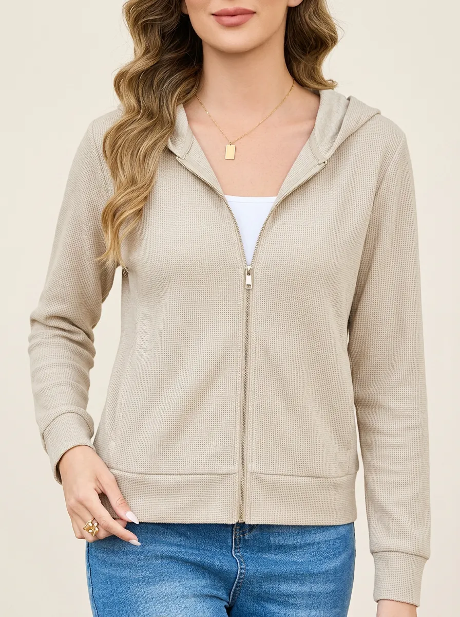 Waffle-Knit Knit-Texture Zip-Up Women's Zip-Up Hooded Jacket