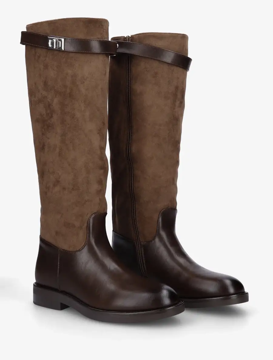 Classic Buckle Detail Block Heel Faux Suede Faux Leather Knee High Boots