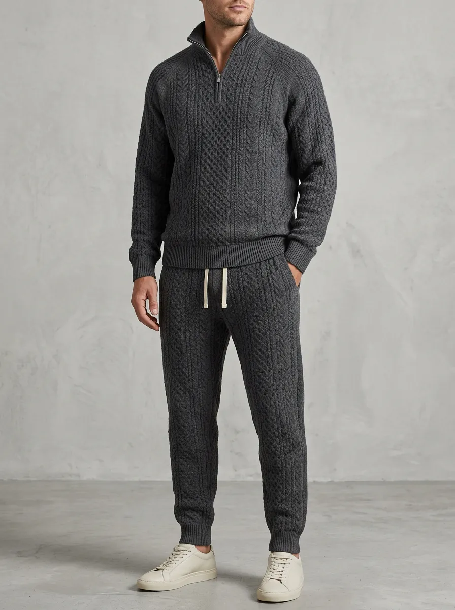Cable-Knit Men's Quarter-Zip Knit Tracksuit Set