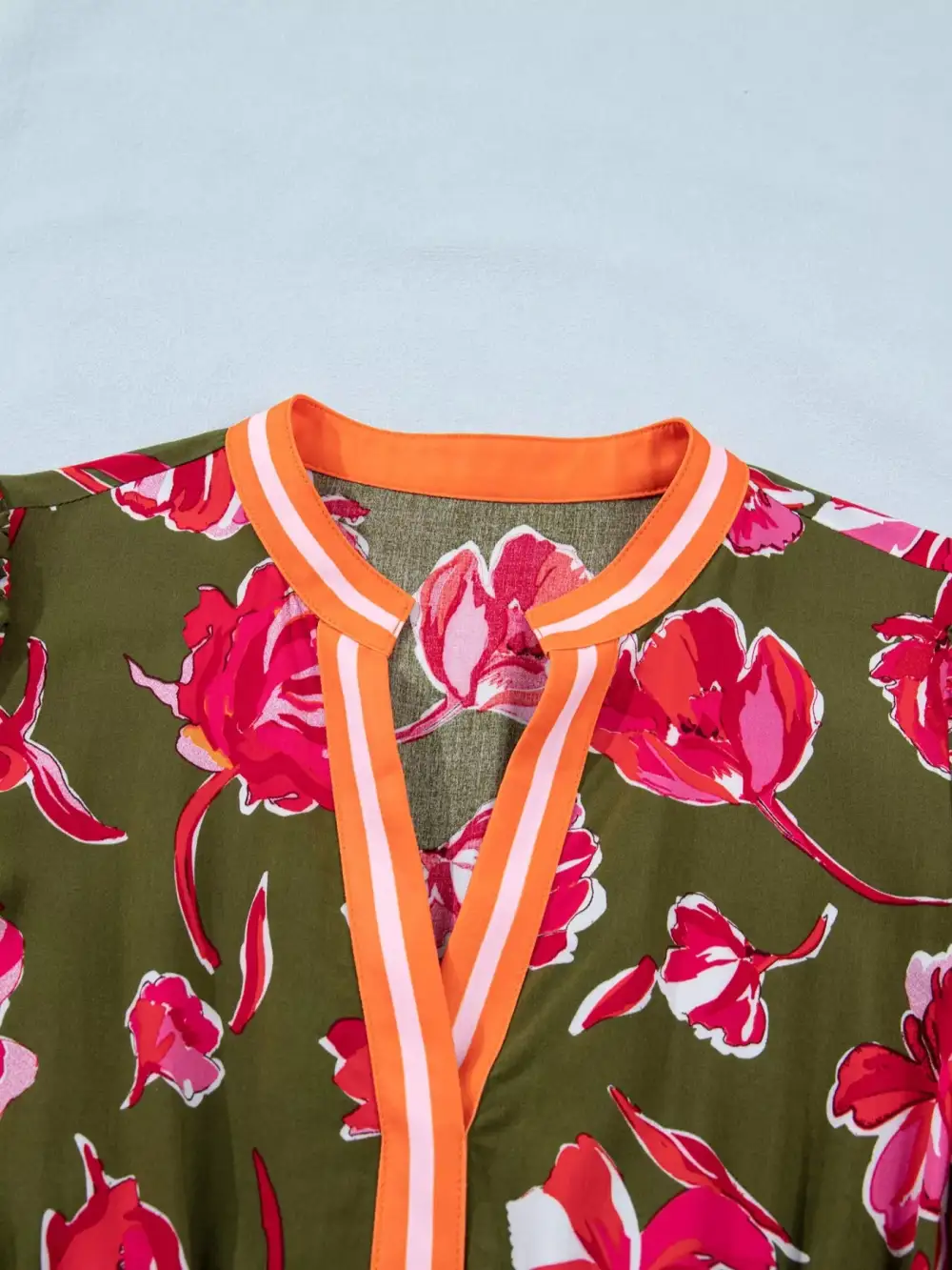 Gathered Detail Floral Printed Split Neck Dress