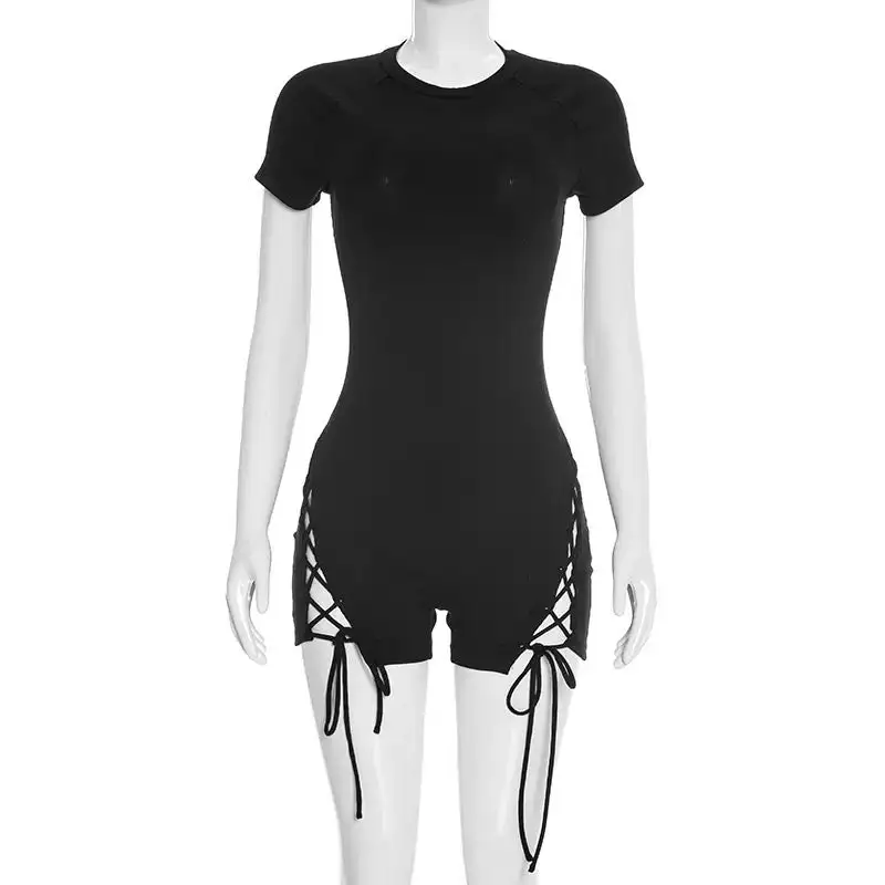 Short Sleeve Lace Ribbed Lace Up Romper
