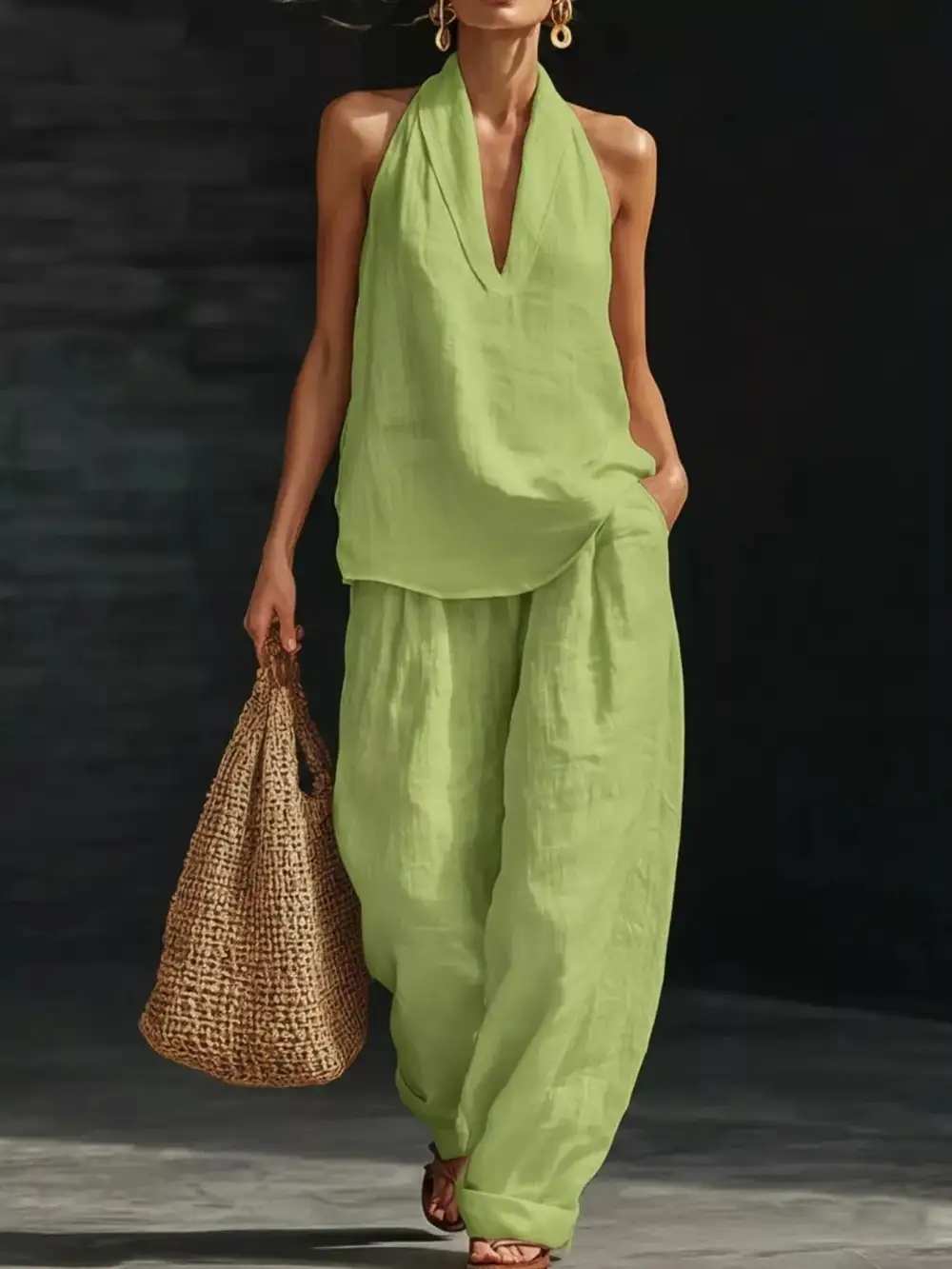 Full Size Halter Neck Top and Wide Leg Pants Set Plus Size