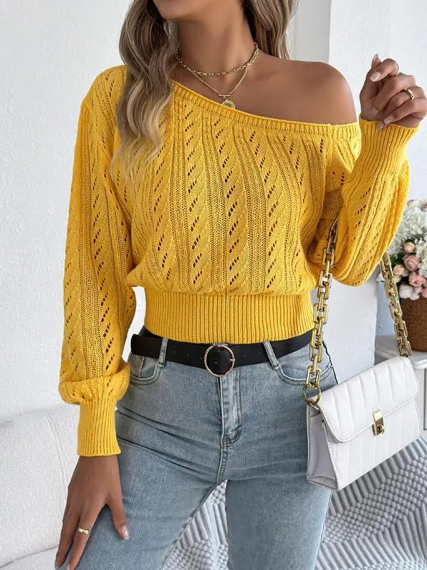 Women's Plain Textured Hollow Out Asymmetrical Neckline Longsleeves Sweater Knitwear, Elegant Casual Raglan Sleeve Long Sleeve Jumper for Fall & Winter, Fashion Ladies' Knitwear for Daily Wear, Women's Clothing, Go Out Tops, Trending Clothing Women