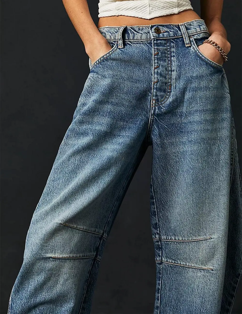 Mid Rise Wide Leg Jeans Barrel Denim Pants