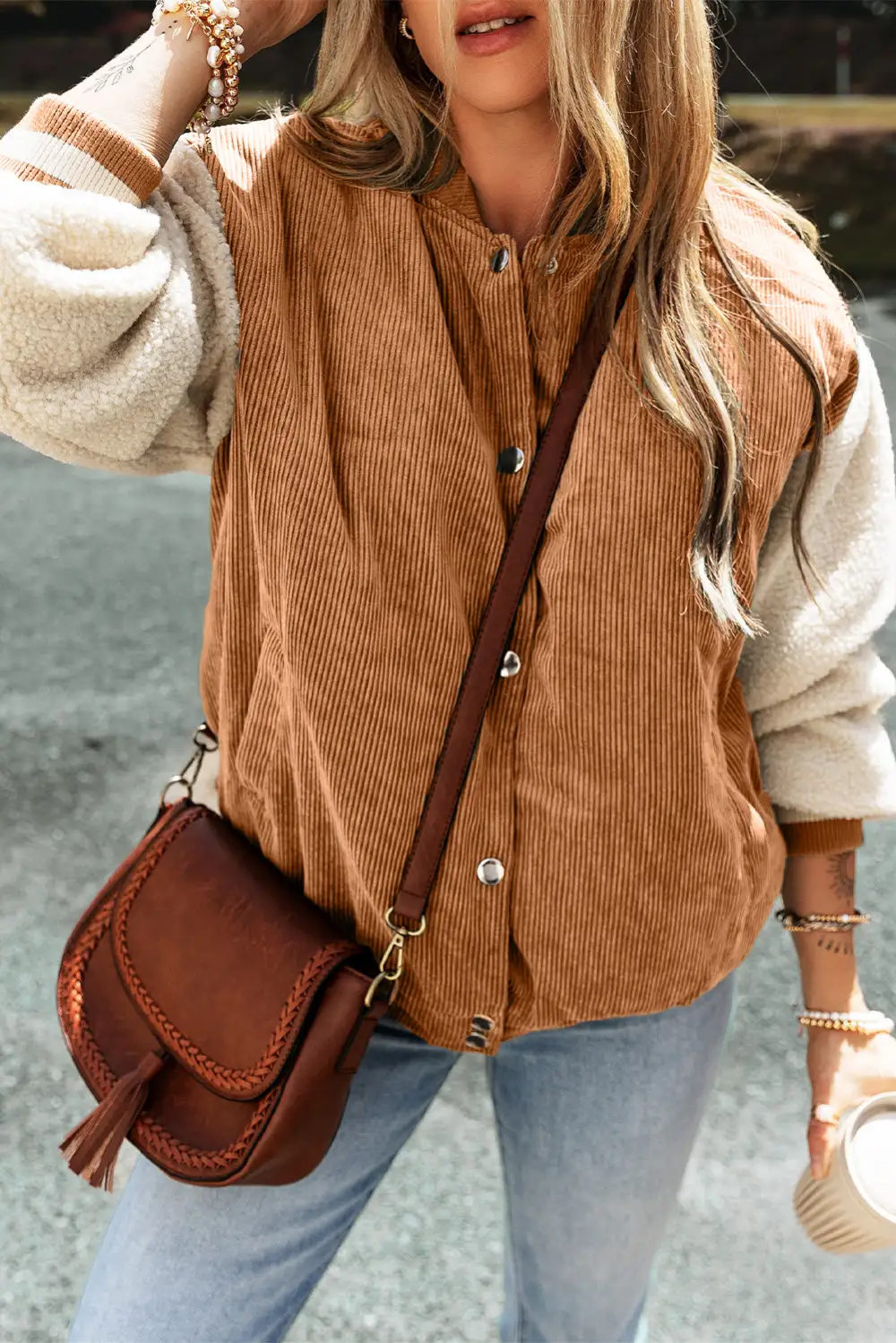 Buckskin Corduroy Fleece Patchwork Button Bomber Jacket