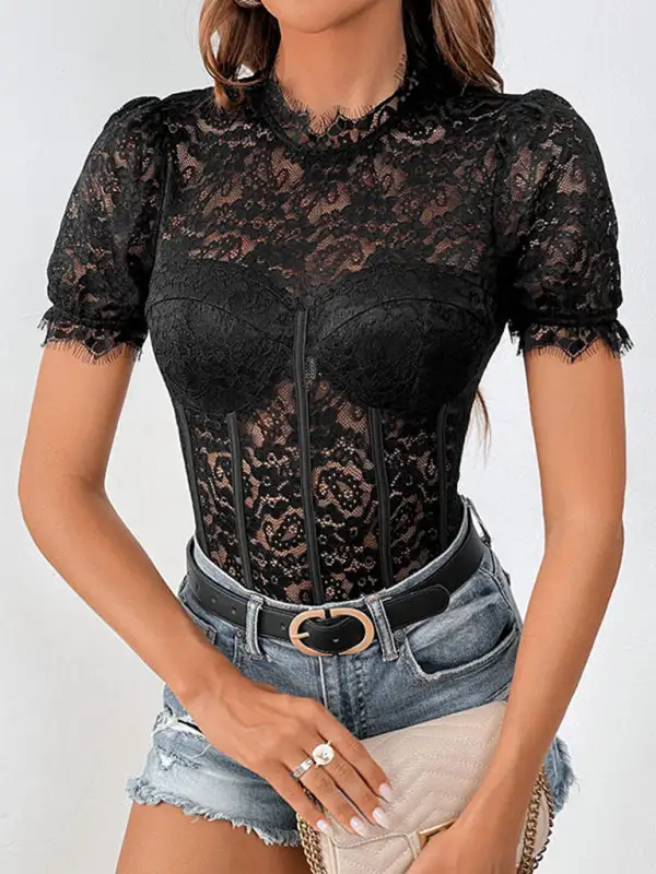 Round Neck Short Sleeve Lace Jumpsuit Shorts