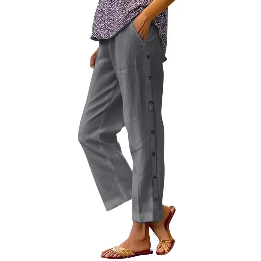 Full Size Side Decor Button Casual Wide Leg Pants Plus Size