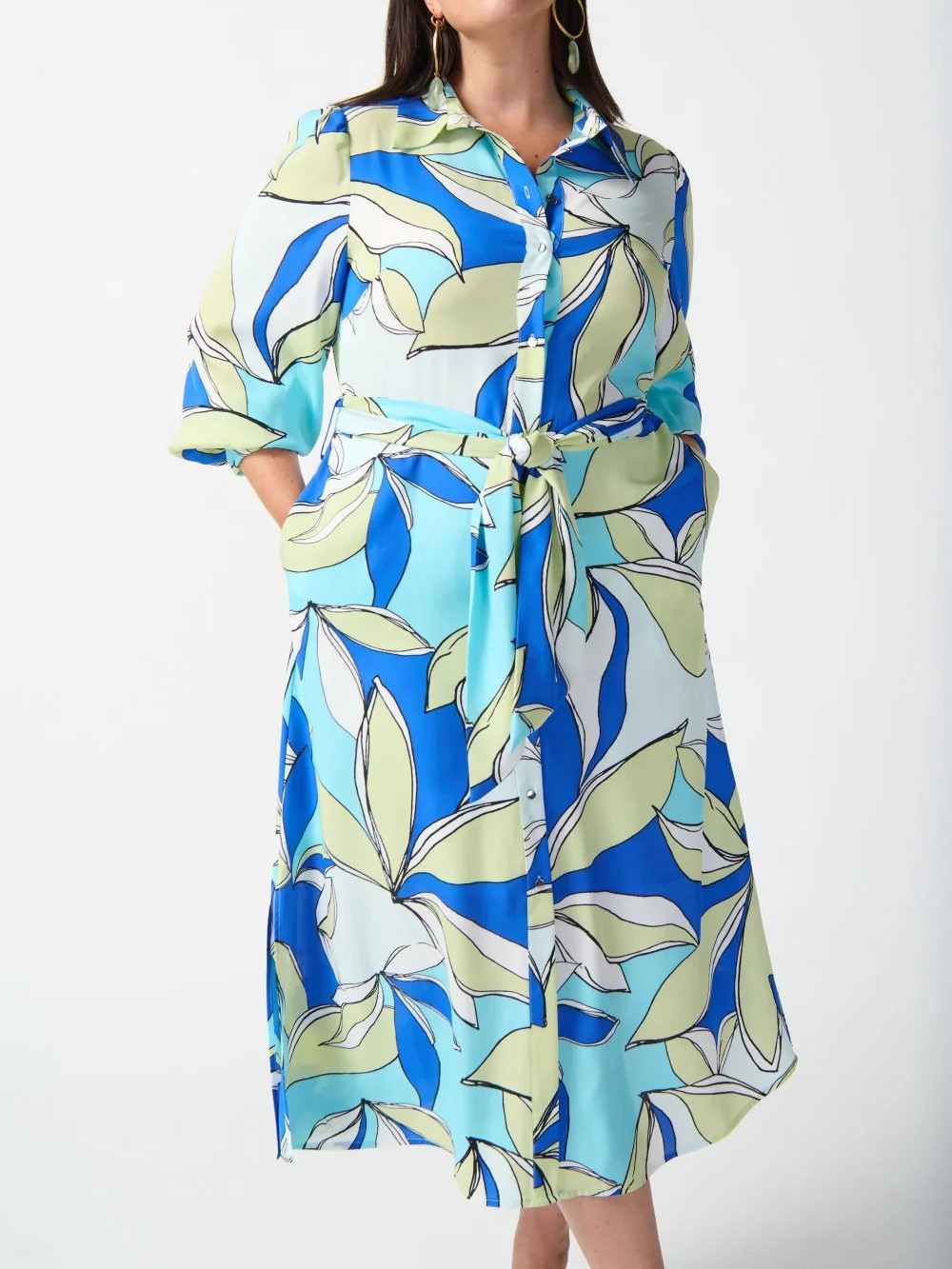 Blue and White Leaf Print Shirt Dress