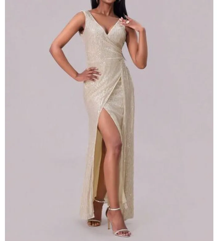 Slit Sequin Surplice Sleeveless Maxi Dress