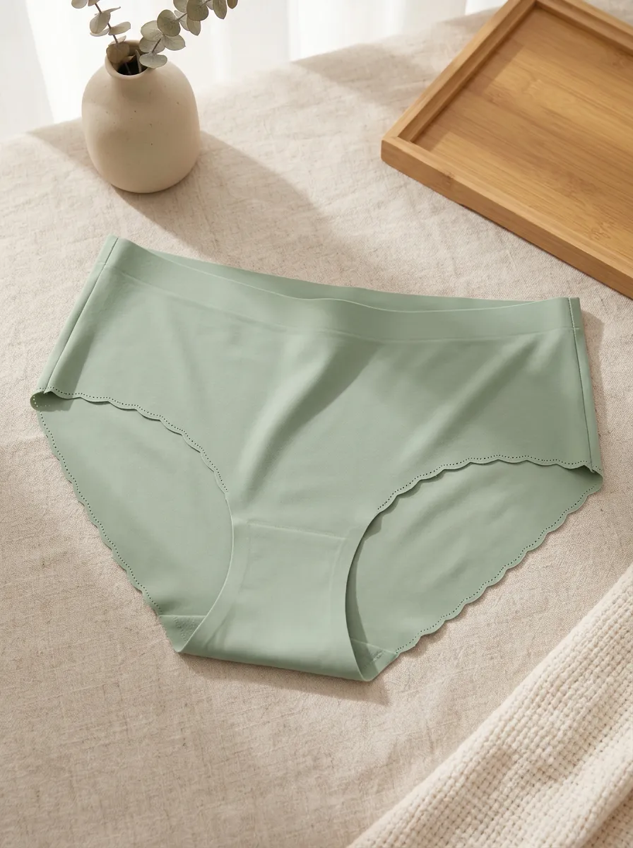 Women's Sage Green Seamless Scalloped Edge Printed Panties