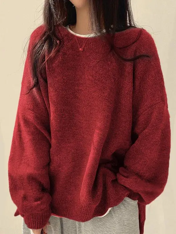 Women's Drop Shoulder Split Hem Sweater, Casual Long Sleeve Round Neck Jumper, Women'S Knitwear Top For Fall & Winter, Sweaters For Women