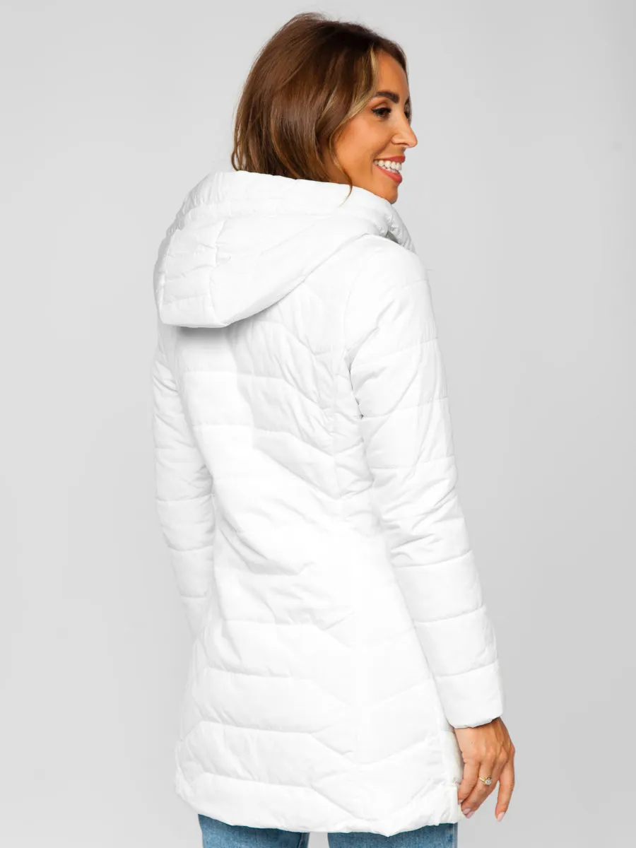 white women's long quilted winter jacket with hood