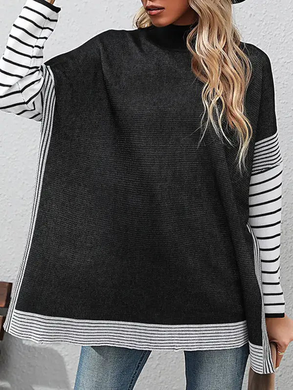Striped Mock Neck Long Sleeve Relaxed Fit Pullover Sweater