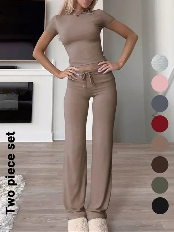 Women's Solid Short Sleeve Two-piece Set