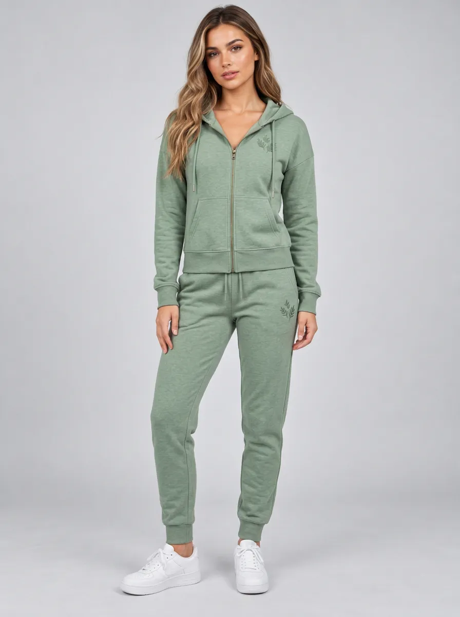 Women's Sage Green Tapered Joggers Zip-Up Hoodie Jacket & Jogger Set