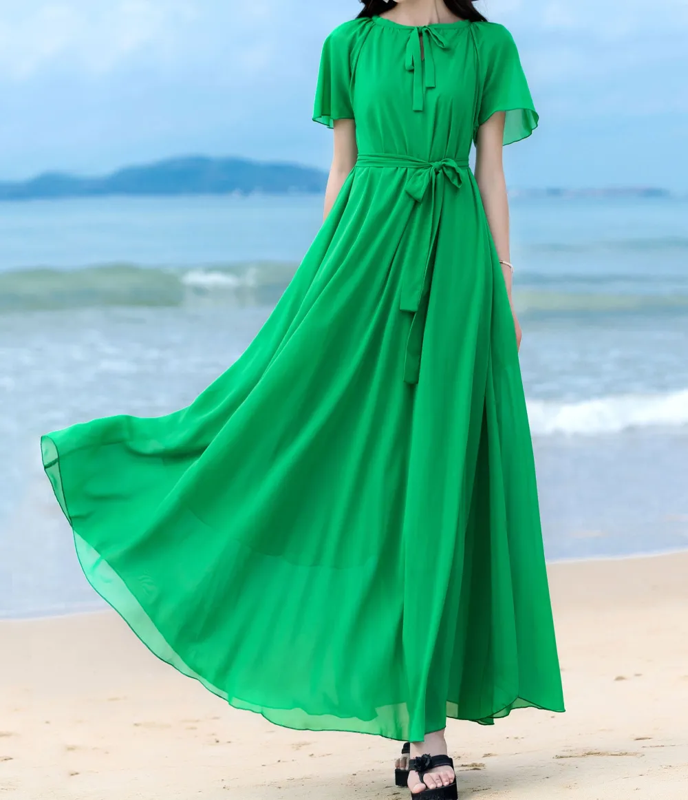 Chiffon Scoop Neck Short Sleeve Maxi Dress