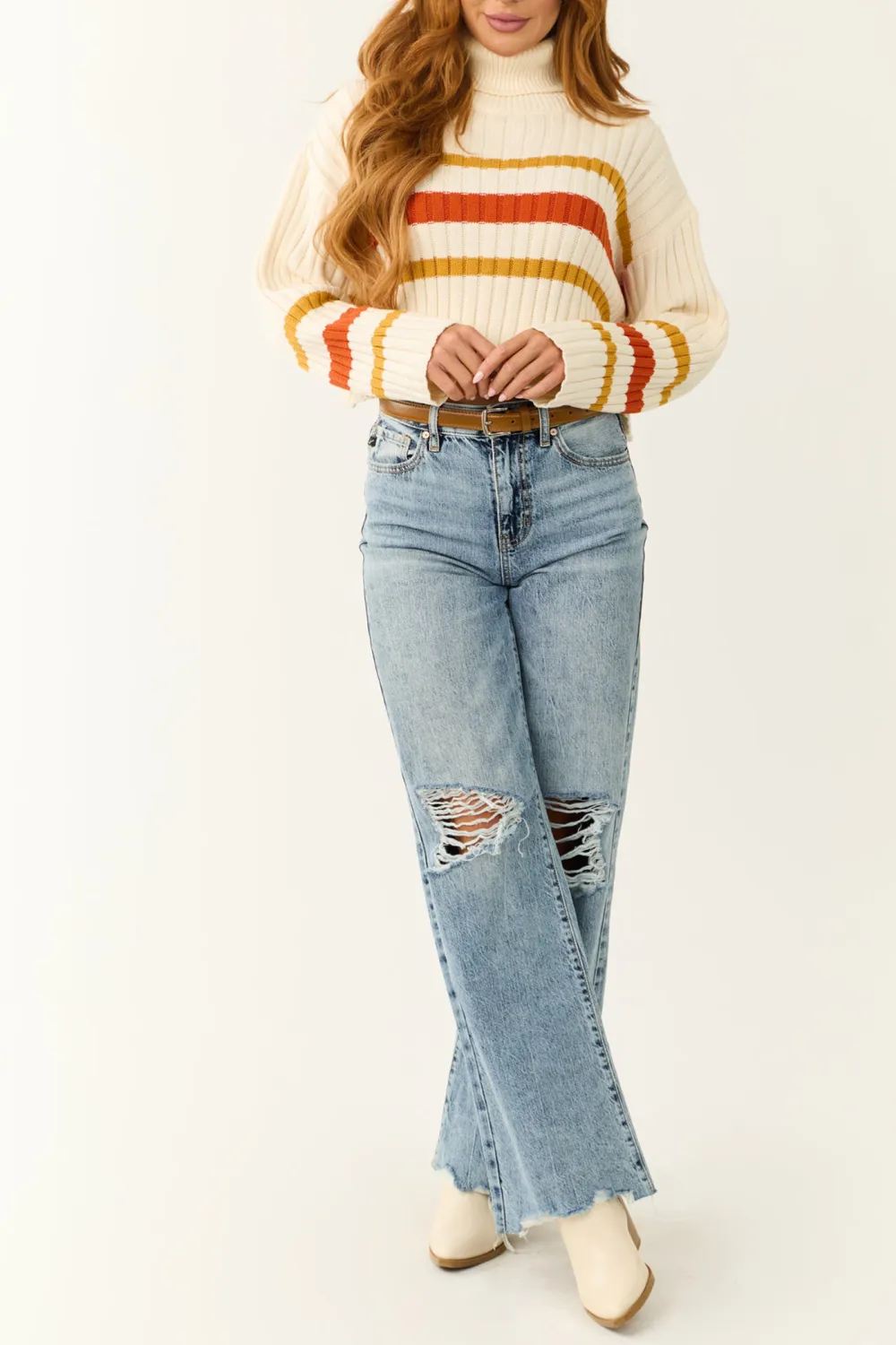 Cream Striped Turtleneck Cropped Sweater