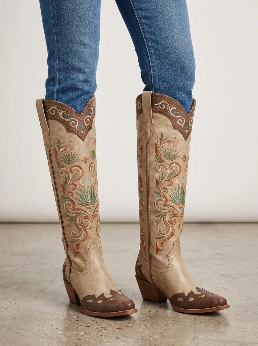 Women's Western Floral Turquoise Embroidered Braided Piped Pointed-Toe Denim Over-the-Knee Boots
