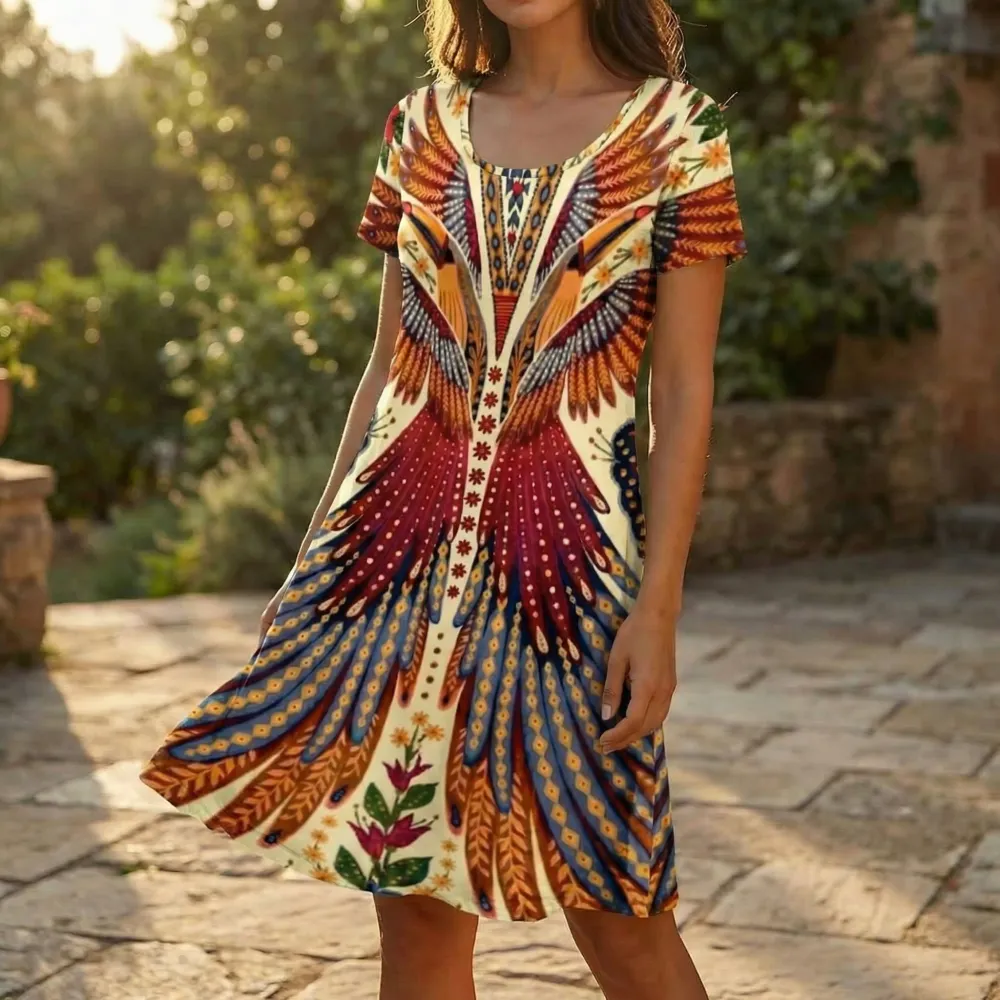 Bold Peacock Wingspan Midi Dress