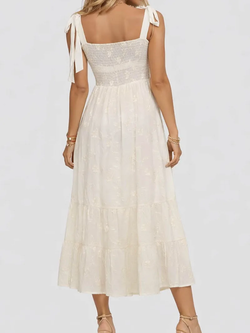 Embroidery Square Neck Shoulder Strap Midi Dress
