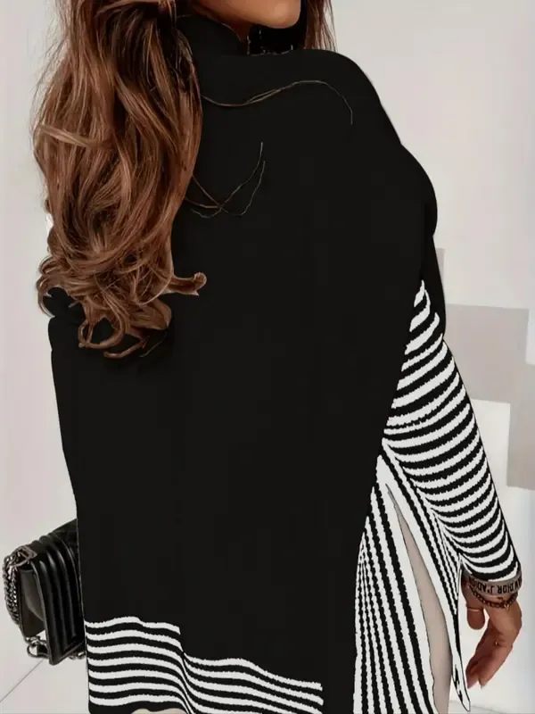 Women's Striped Patchwork Print Batwing Sleeve Split Hem Sweater