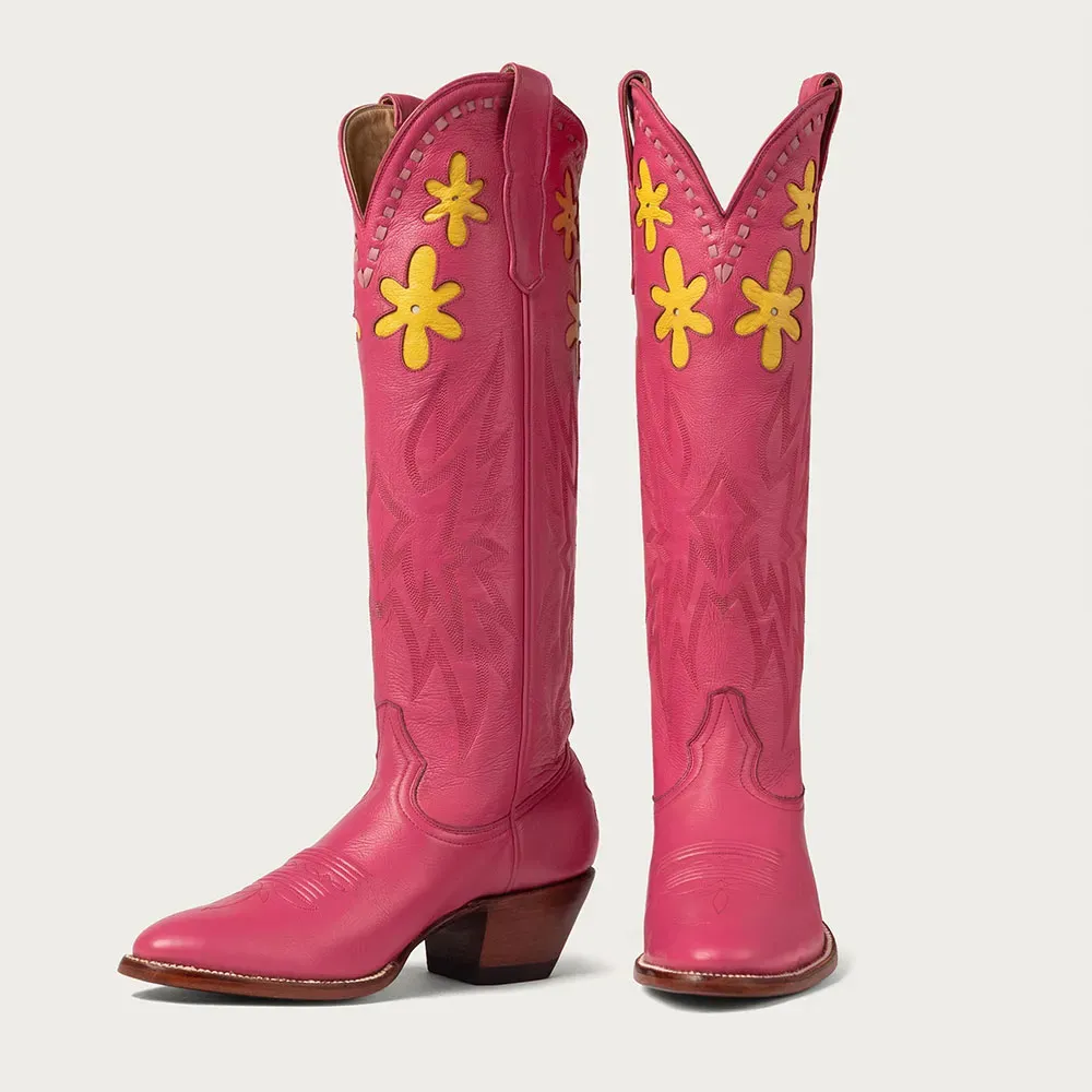 Faux-Leather Embroidered Floral Round-Toe Knee-High Boots