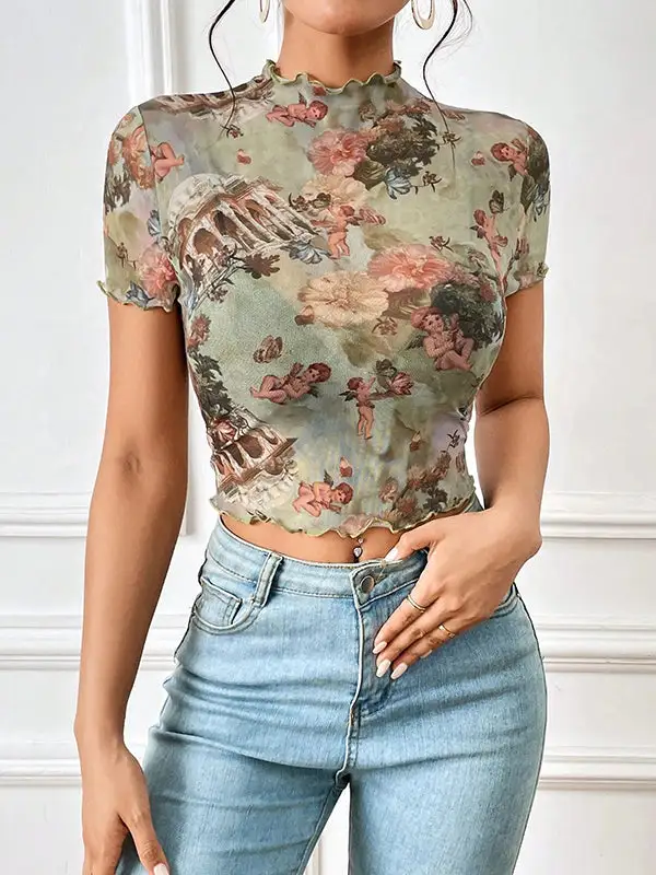 Short Sleeve Slim Fit Figure Floral Print Ruffle Trim Sheer Mock Neck T-Shirt