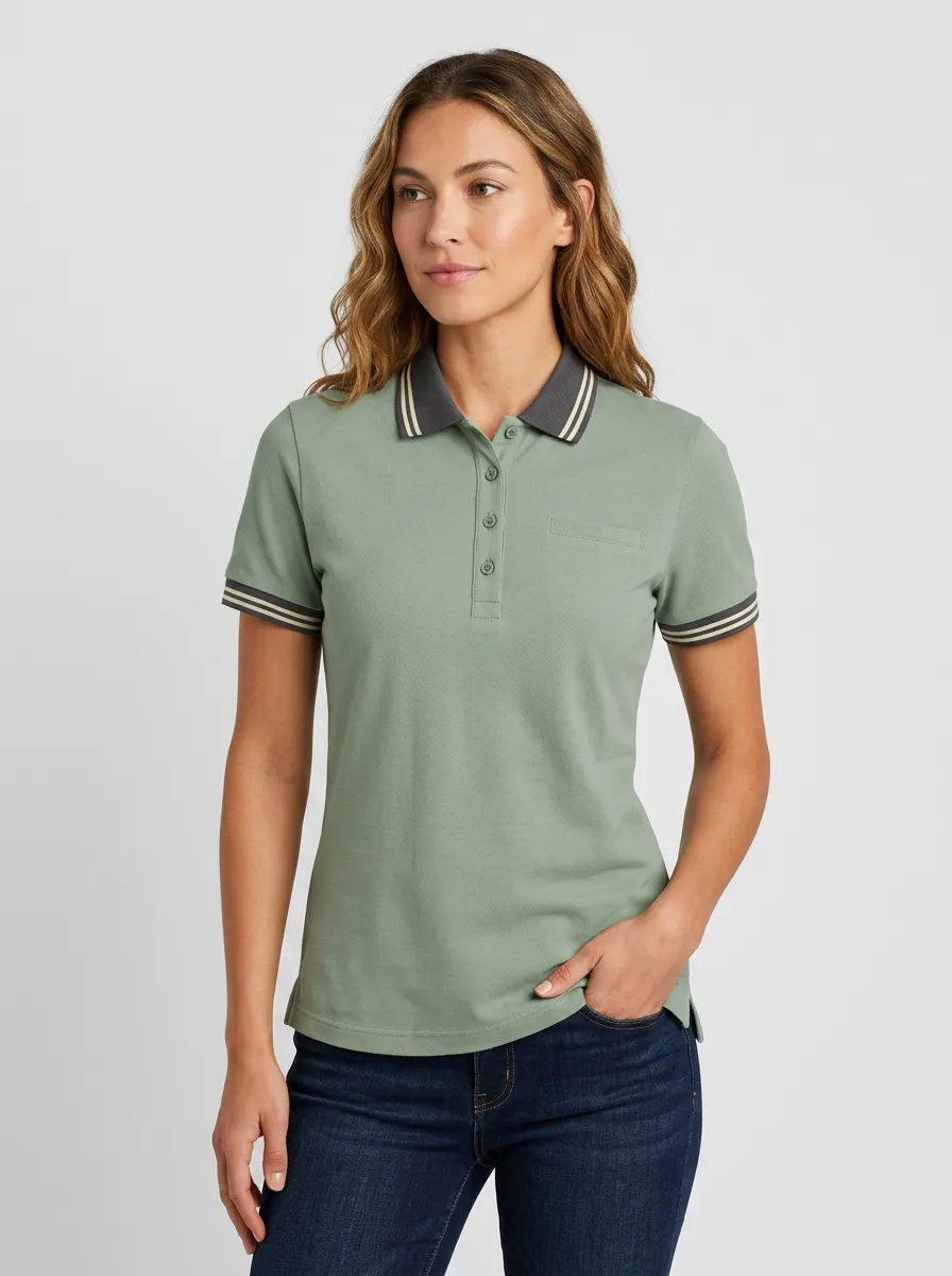 Women's Casual Sage Green Striped Collar Printed Polo Shirt
