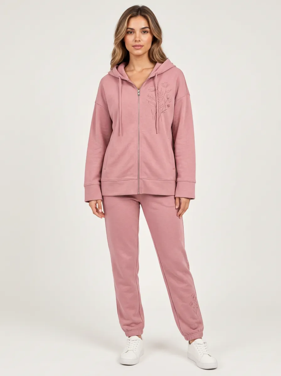 Women's Dusty Rose Cuffed Joggers Zip-Up Hoodie Jacket & Jogger Set