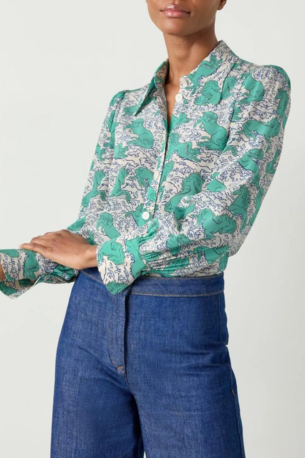 Green Printed Long Sleeve Button Down Shirt