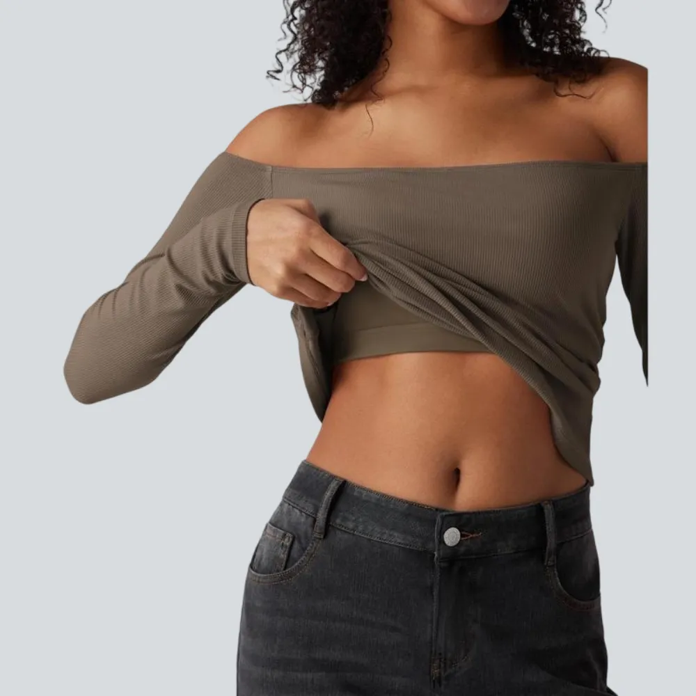 Ribbed Knit Off Shoulder Long Sleeve 2-in-1 Casual Top