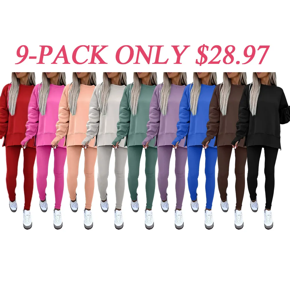 🔥6 PACKS $23.97🔥Women Casual Two Piece Outfits Oversized Pullover Sweatshirts with Thumb Hole Slit Ribbed Pants