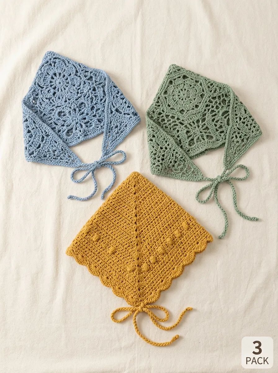 Minimalist Floral Crochet Three-Piece Bandana Headscarf Set