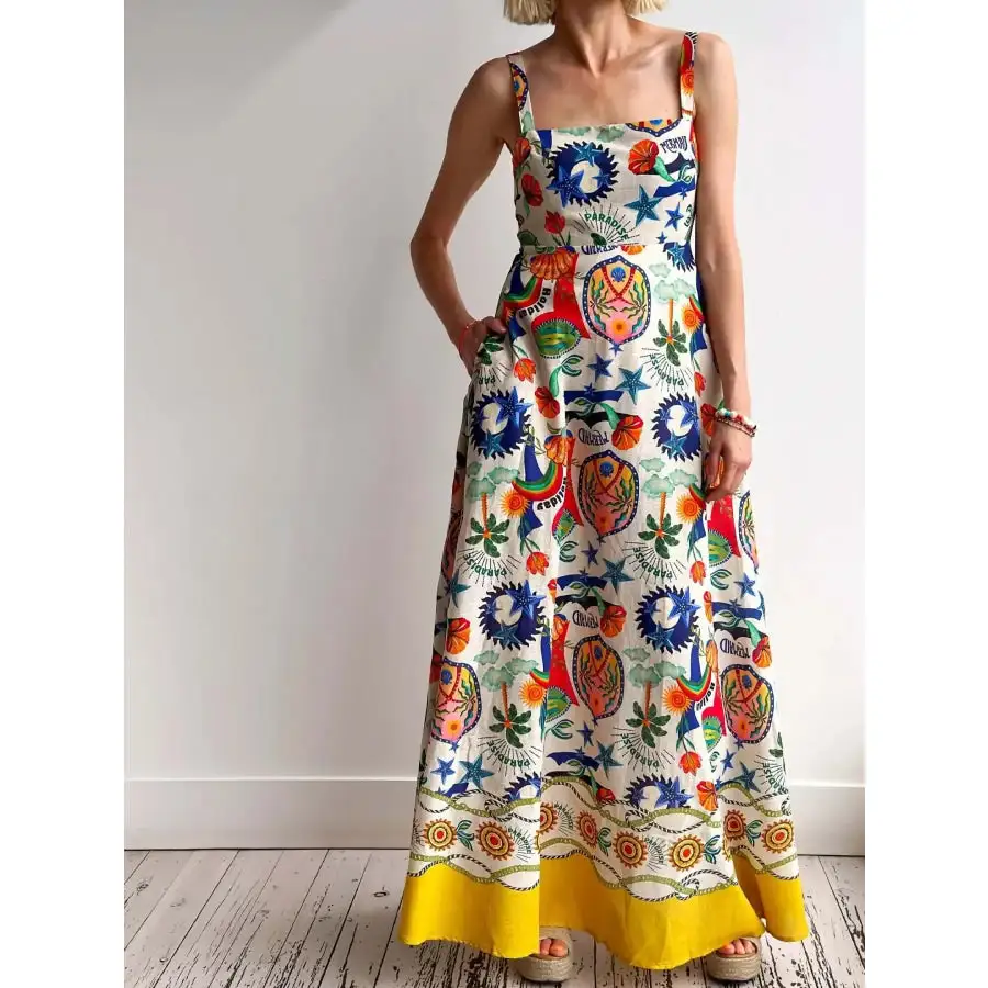 Classic Printed Square Neck Maxi Cami Dress