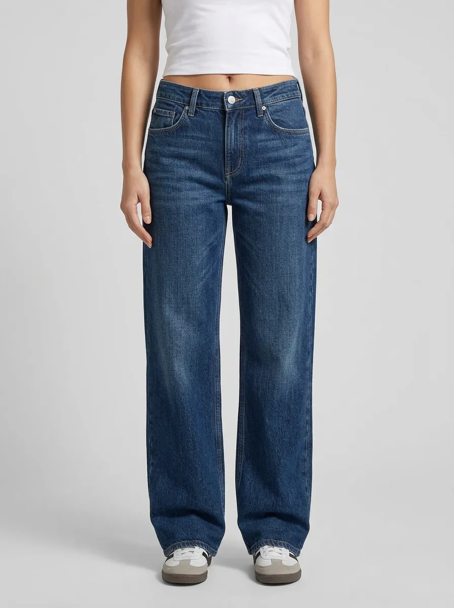 Women's Relaxed Whiskered Belt-Loop Wide-Leg Denim Jeans